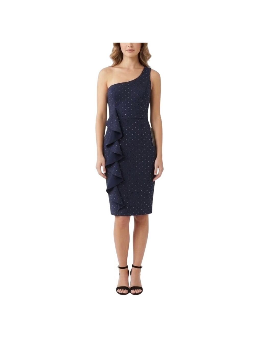 Betsy & Adam Blue Cocktail Dress Beaded One Shoulder Ruffled Midi Sheath Size 8